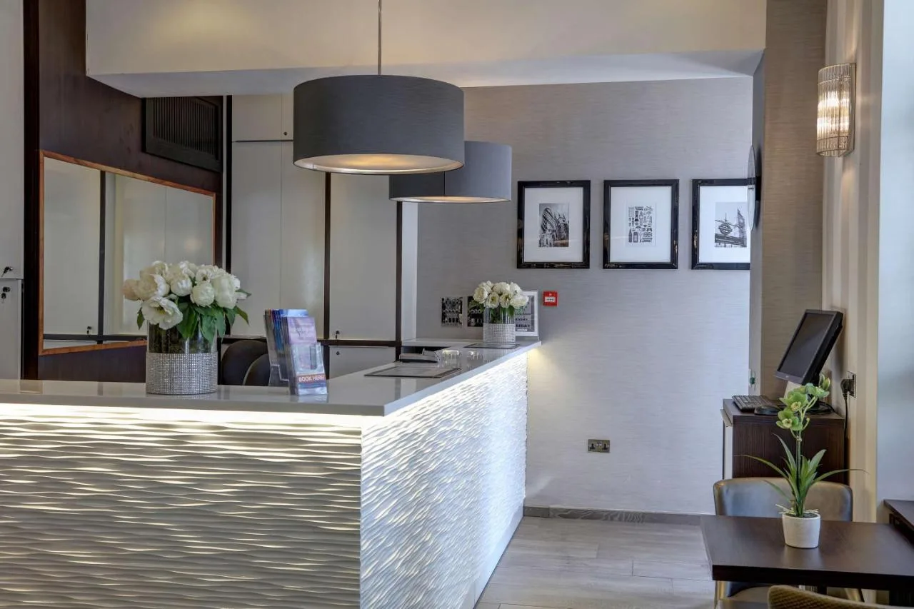 Reception lobby with flowers on the counter